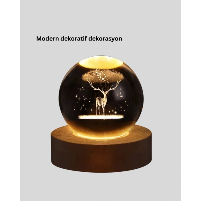 Doğal Ahşap Standlı Geyik Figürlü Kristal Küre LED Dekoratif Lamba