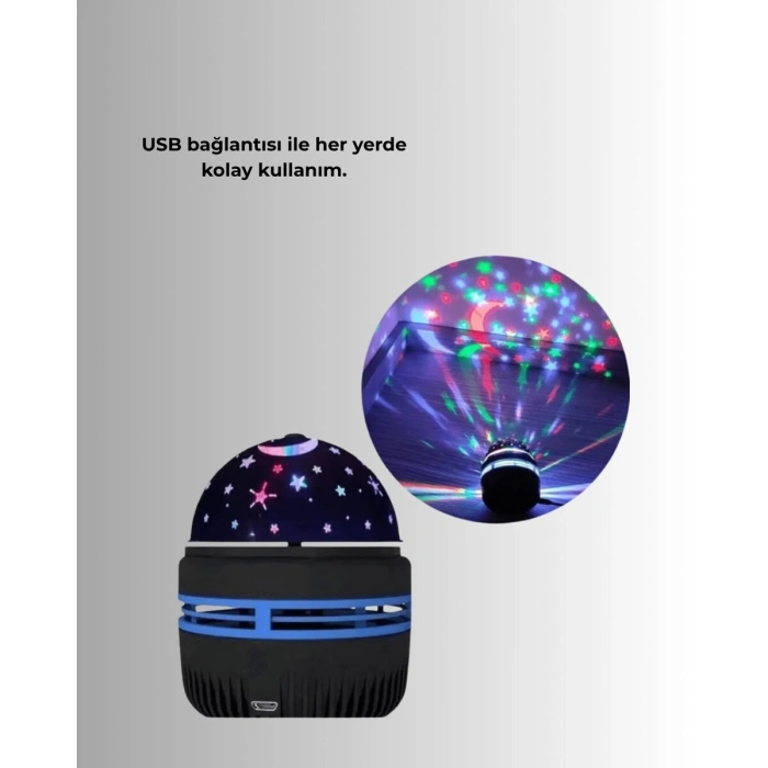 Döner Galaxy Projektör Gece Lambası – Ay ve Yıldız Işıklı Atmosfer Lamba USB Bağlantılı