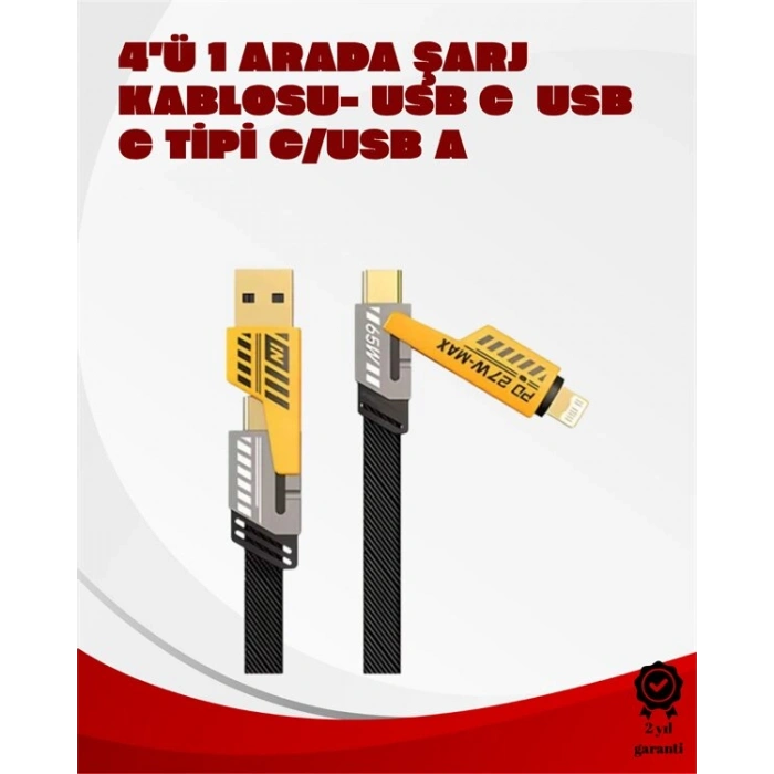 Dönüştürülebilir 4 Başlıklı Hızlı Şarj Kablosu – 1.2m 65W Dayanıklı ve Esnek Tasarım