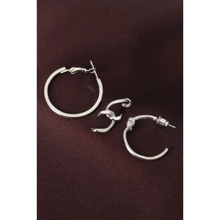 Düğüm Model Gümüş Renk Metal Çoklu Halka Küpe 5886