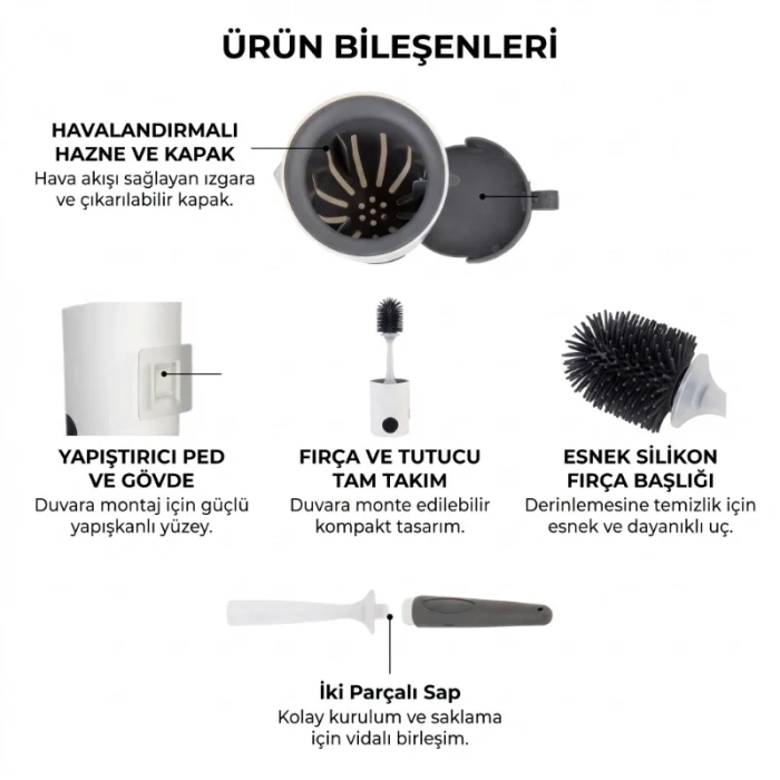 Duvara Monte Tuvalet Fırçası - Deterjan Hazneli - Silikon