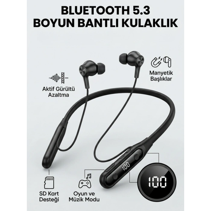 Ekranlı ve SD Kart Destekli Bluetooth 5.3 Boyun Bantlı Kulaklık