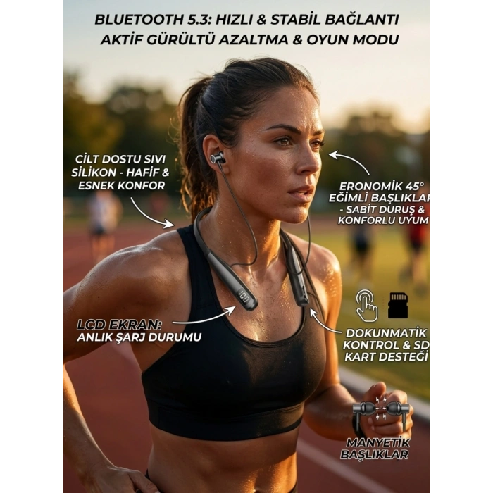 Ekranlı ve SD Kart Destekli Bluetooth 5.3 Boyun Bantlı Kulaklık