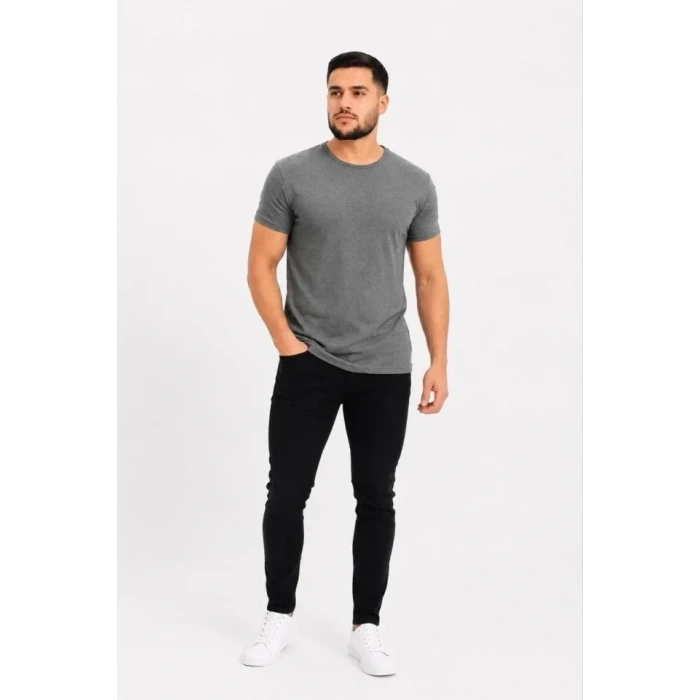 Erkek Basic Tişört Bisiklet Yaka Kısa Kol Günlük Yazlık Slim Fit T-Shirt - Antrasit