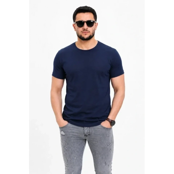Erkek Basic Tişört Bisiklet Yaka Kısa Kol Günlük Yazlık Slim Fit T-Shirt - Lacivert