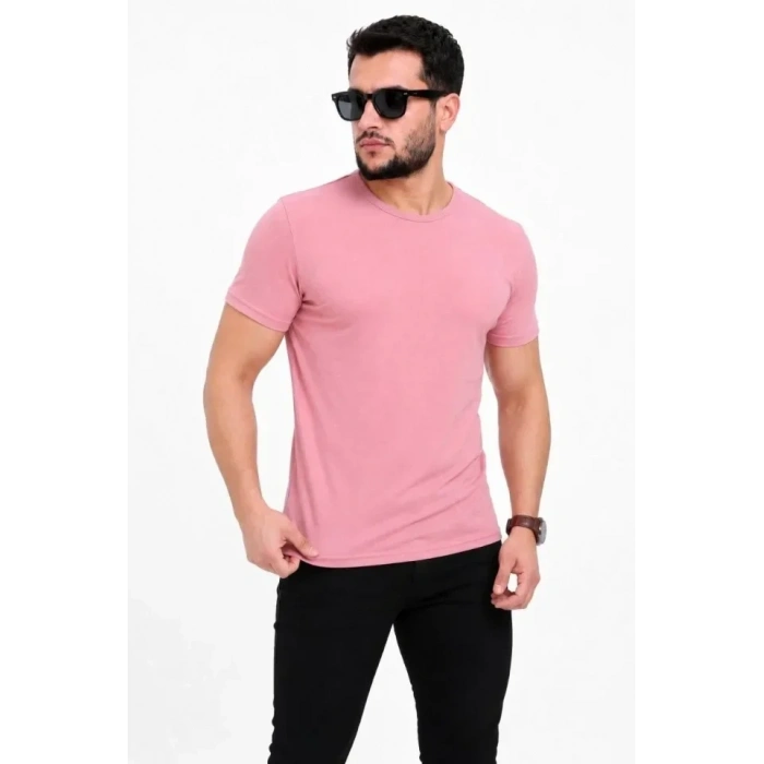 Erkek Basic Tişört Bisiklet Yaka Kısa Kol Günlük Yazlık Slim Fit T-Shirt - Pembe