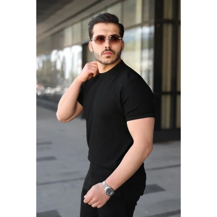 Erkek Bisiklet Yaka Petek Dokulu Kısa Kollu Triko Tişört