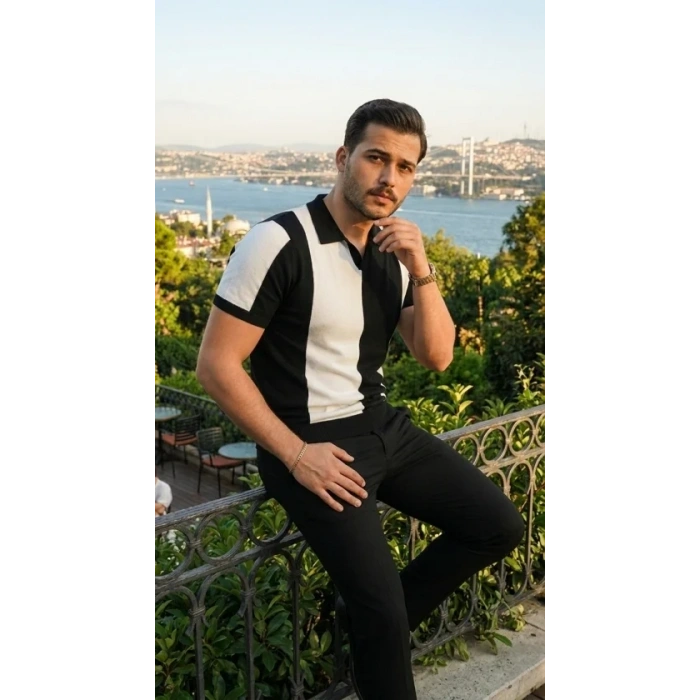 Erkek Kısa Kollu Polo Yakalı Blok Desenli Triko Bluz