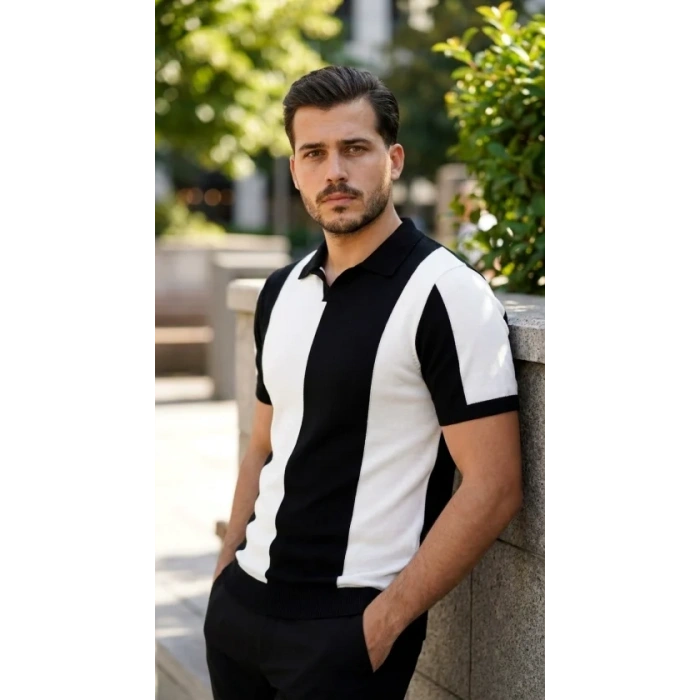 Erkek Kısa Kollu Polo Yakalı Blok Desenli Triko Bluz