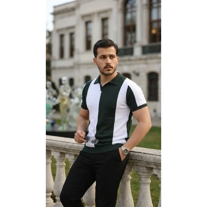 Erkek Kısa Kollu Polo Yakalı Blok Desenli Triko Bluz