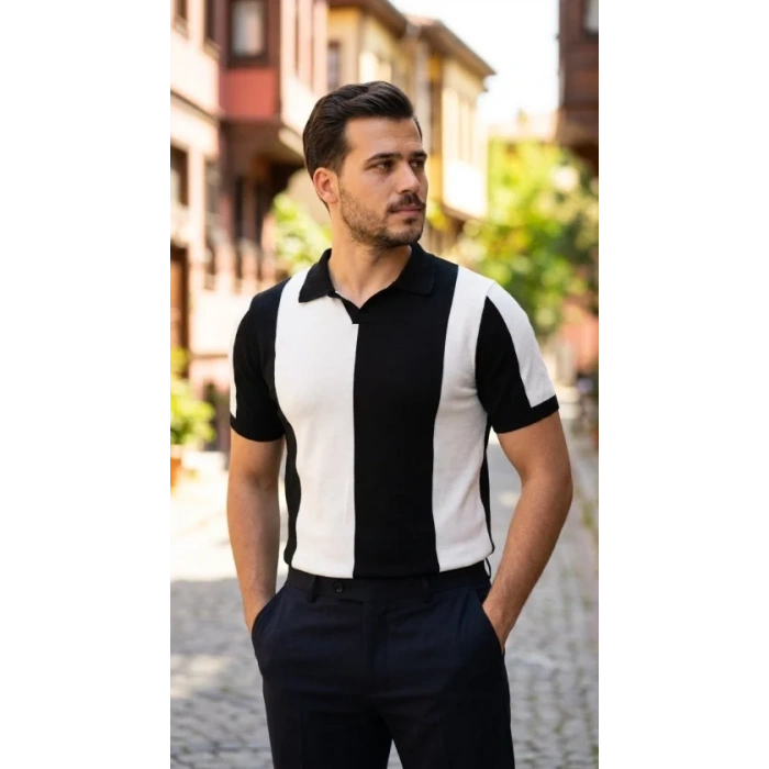 Erkek Kısa Kollu Polo Yakalı Blok Desenli Triko Bluz