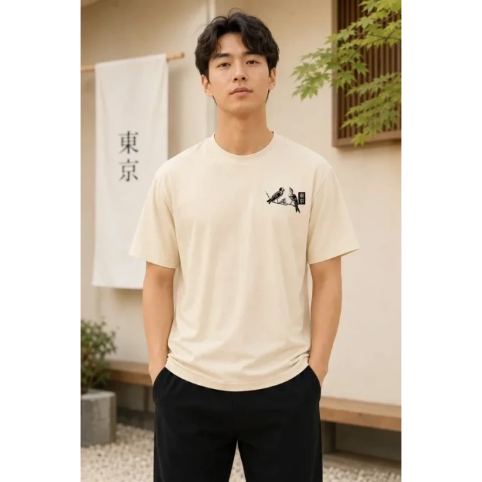 Erkek Ön Ve Arka Tokyo Kuş Çiçek Baskılı Oversize T-Shirt - Ekru