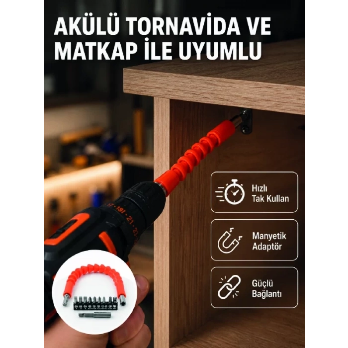 Esnek Bits Uç Seti 12 Parça Manyetik Adaptörlü Matkap Tornavida Aksesuarı