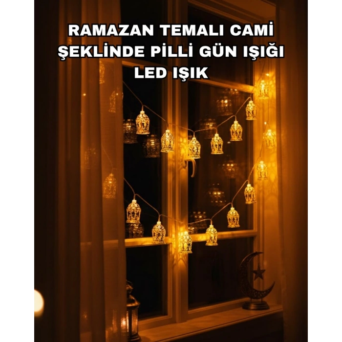 Ev Dekoru İçin Ramazan LED Işık Pilli Sıcak Sarı Cami Figürlü