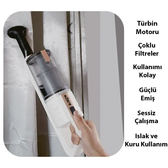 Ezere 15000pa LED Işıklı Kuru Islak Kullanım  Kablosuz Güçlü El Araç-Ev Süpürgesi-(5775)