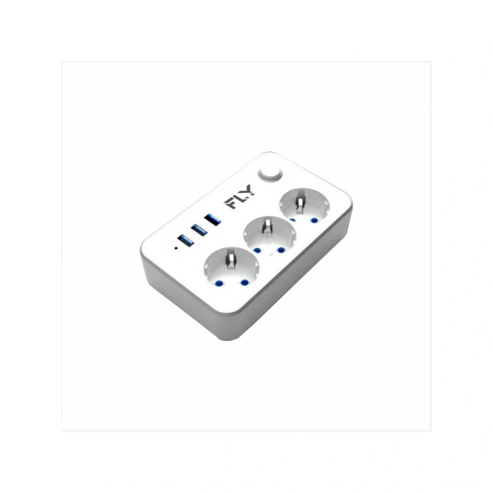 FLY 3406-01 3 Soket 3 USB Akım Korumalı Priz 2.1A Anahtarlı 2Mt Kablo (Beyaz)(1923)