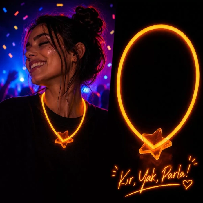 Fosforlu Yıldız Parti Kolyesi – Neon Işıklı Kolye Turuncu Renk