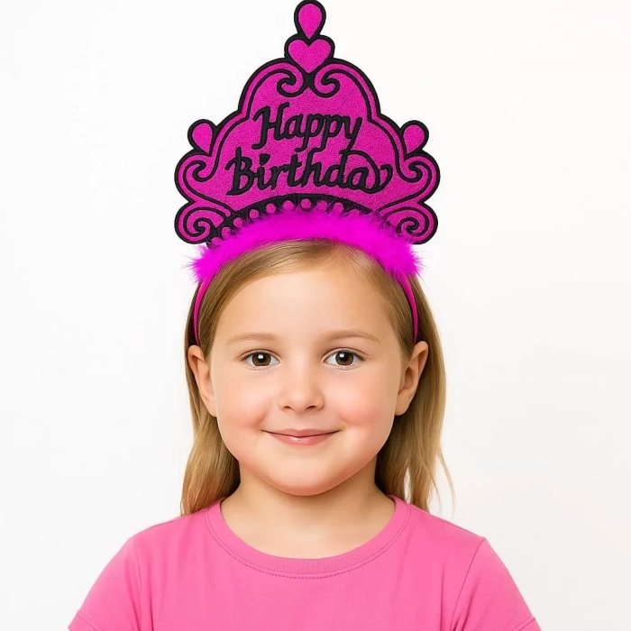 Fuşya Happy Birthday Prenses Tacı – Doğum Günü Taç Aksesuarı