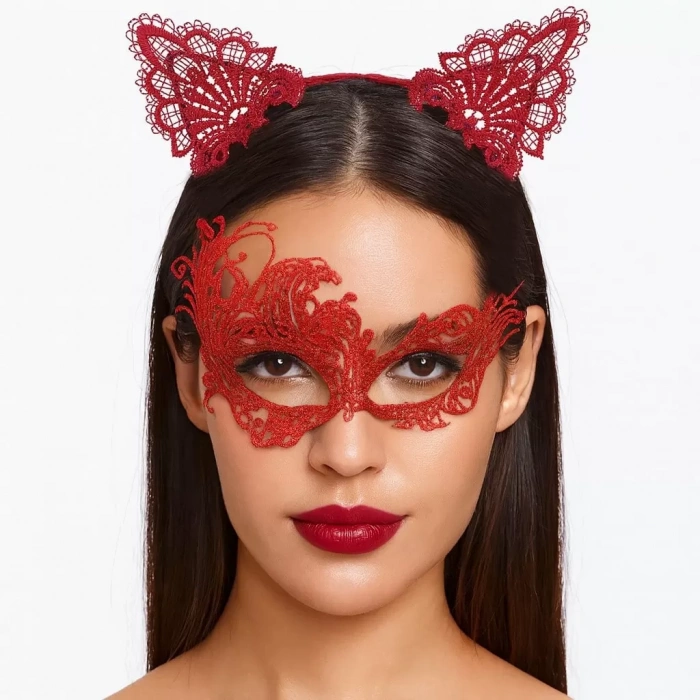 Gizemli Kırmızı Dantel Maske ve Taç Seti 1 No - Kostüm Seti