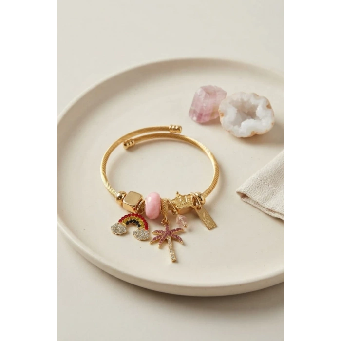 Gökkuşağı ve Pembe Palmiye Charmlı Bileklik TJ-BB8716