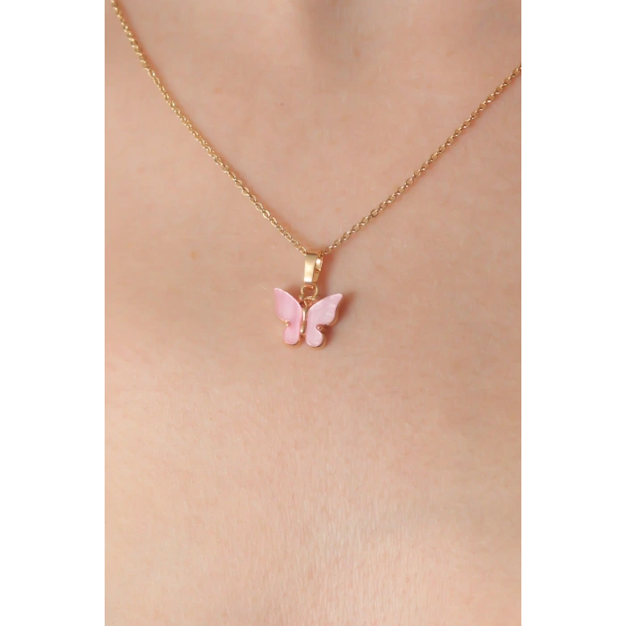 Gold Pembe Renk Kelebek Figür Kadın Kolye 5886