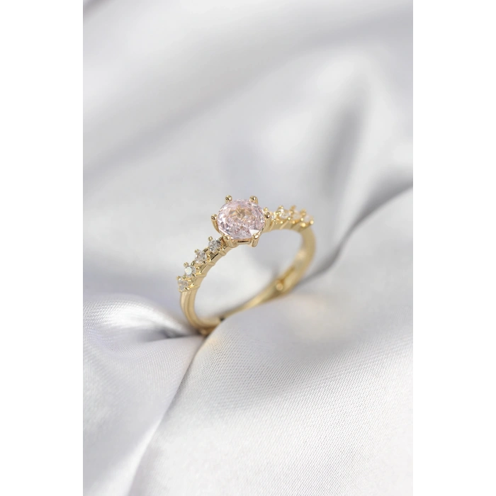 Gold Renk Pembe Tek Taş Model Zirkon Taşlı Kadın Yüzük 5886