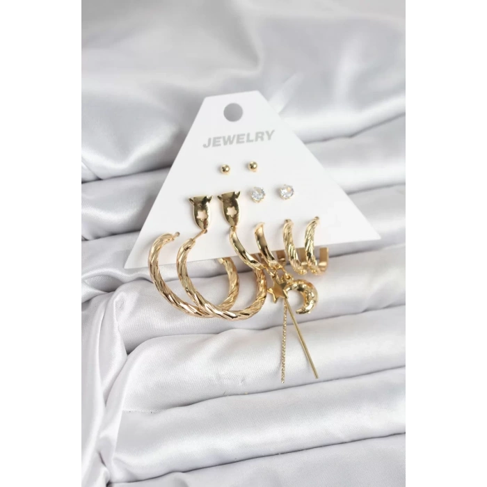 Gold Renk Pirinç 6lı Kadın Küpe Seti - TJ-BKP11322