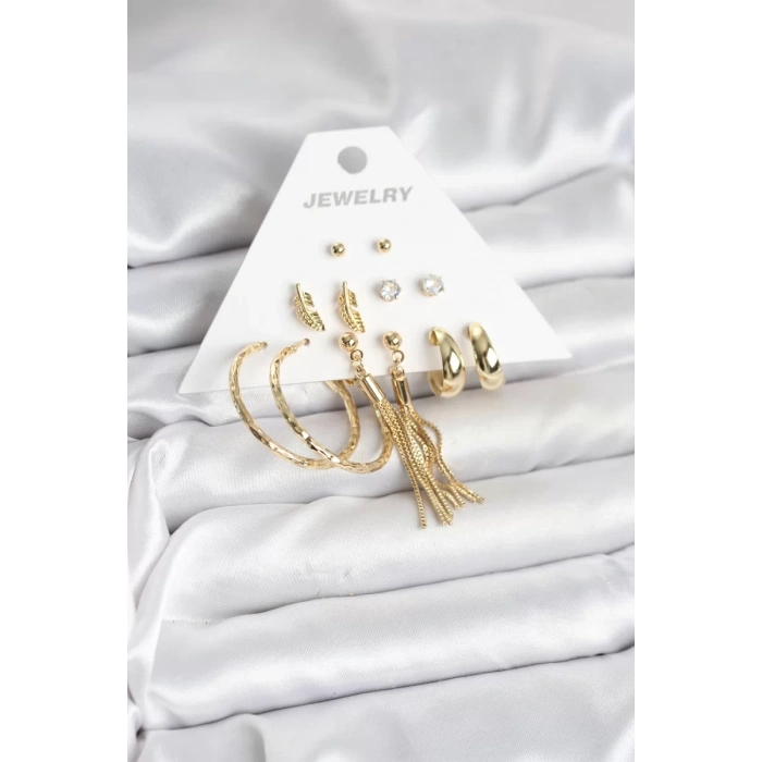Gold Renk Pirinç Kadın 6 Çift Küpe Seti - TJ-BKP11317