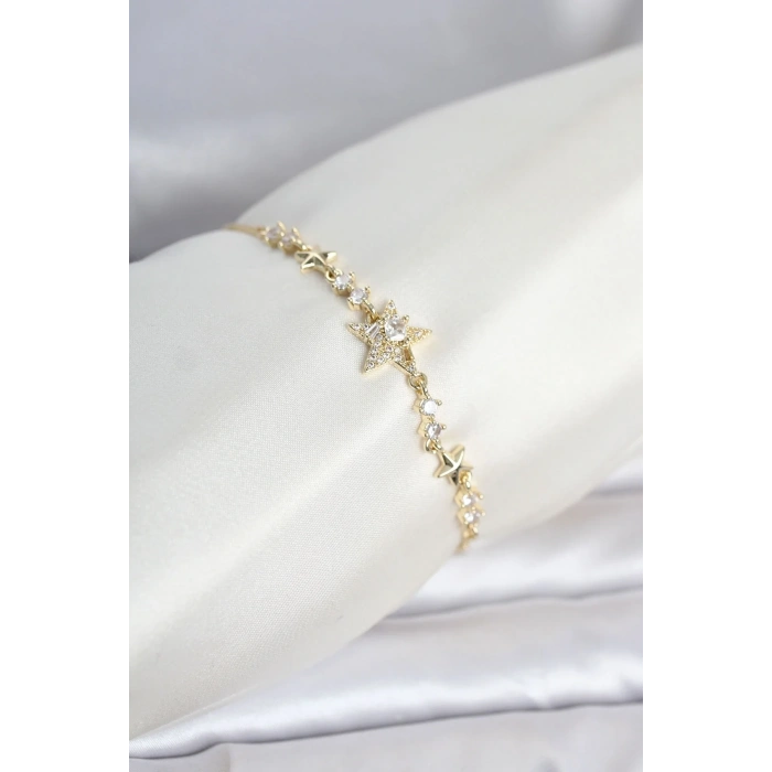 Gold Renk Pirinç Yıldız Model Asansörlü Kadın Bileklik