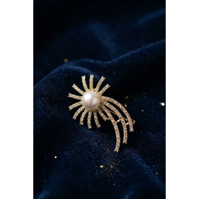 Gold Renk Zirkon Taşlı Halley Model Broş