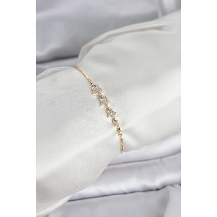 Gold Renk Zirkon Taşlı Yıldız Model Asansörlü Kadın Bileklik 5886