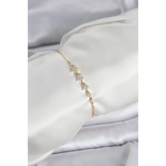 Gold Renk Zirkon Taşlı Yıldız Model Asansörlü Kadın Bileklik - TJ-BB8336