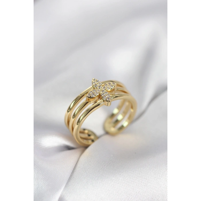 Gold Renk Zirkon Taşlı Yonca Model Kadın Yüzük 5886