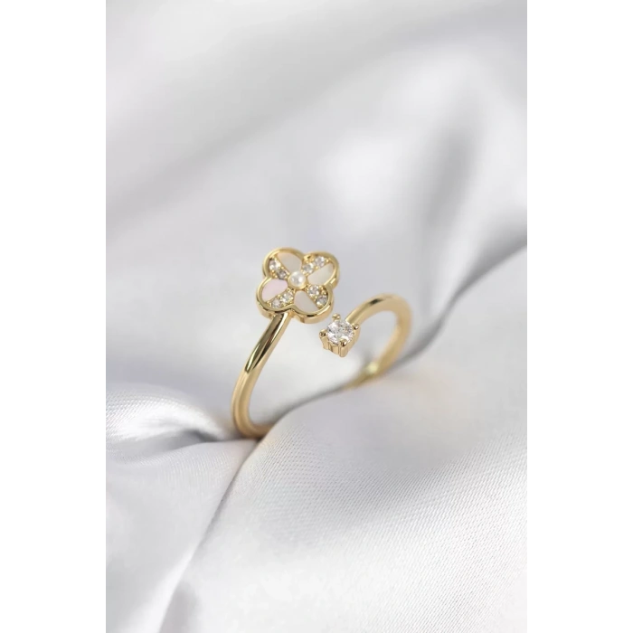 Gold Renk Zirkon Taşlı Yonca Model Kadın Yüzük - TJ-BYK4005