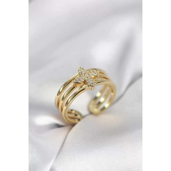 Gold Renk Zirkon Taşlı Yonca Model Kadın Yüzük - TJ-BYK4054