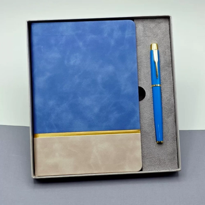 Gold Şeritli Mavi Defter Ve Kalem Seti
