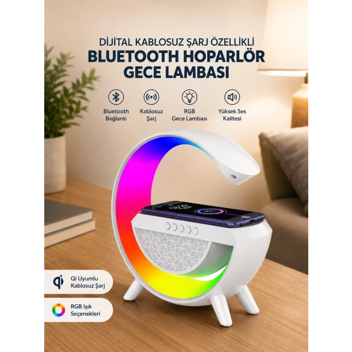 Google Dijital Kablosuz Şarj Özellikli Bluetooth Hoparlör Gece Lambası