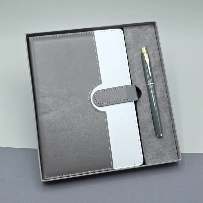 Gri Kutulu Deri Defter Roller Kalem Set