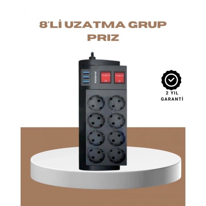 Güçlü Termal Korumalı 8 Priz + 3 USB Çoklu Uzatma Kablosu 2m
