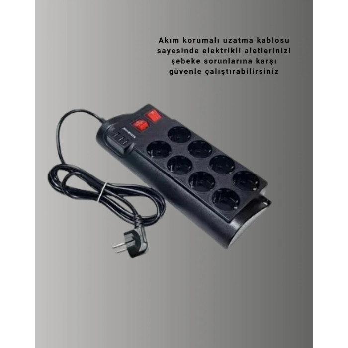 Güçlü Termal Korumalı 8 Priz + 3 USB Çoklu Uzatma Kablosu 2m