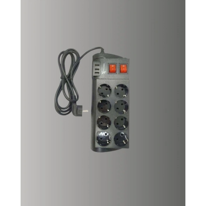 Güçlü Termal Korumalı 8 Priz + 3 USB Çoklu Uzatma Kablosu 2m