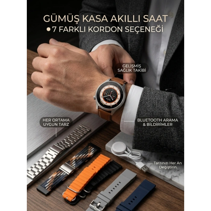 Gümüş Kasa Akıllı Saat - 6 Yedek Kordon Hediyeli