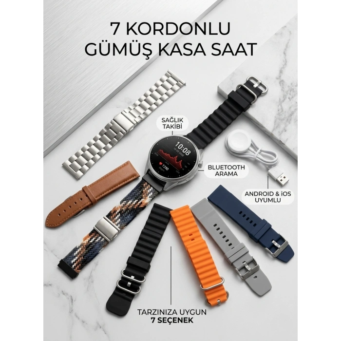 Gümüş Kasa Akıllı Saat - 6 Yedek Kordon Hediyeli