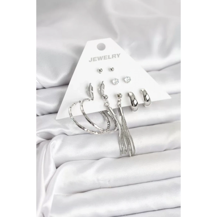 Gümüş Renk Pirinç 6 Çiftli Kadın Küpe Seti - TJ-BKP11331