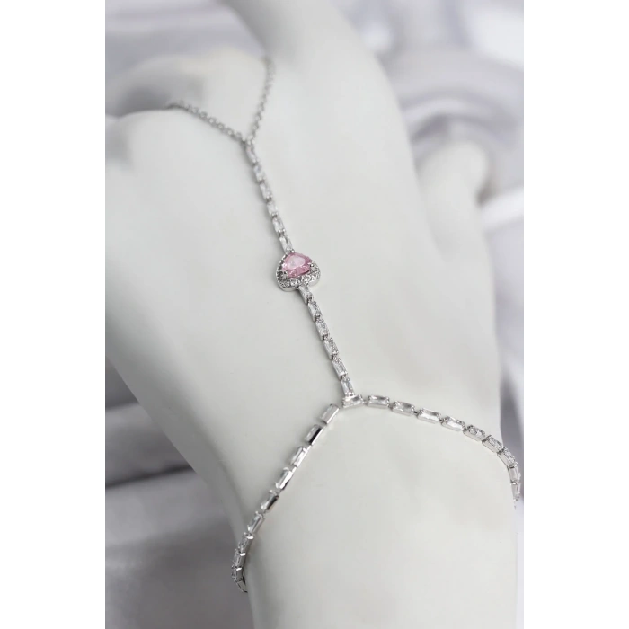 Gümüş Renk Pirinç Zirkon Taşlı Pembe Kalp Model Şahmeran