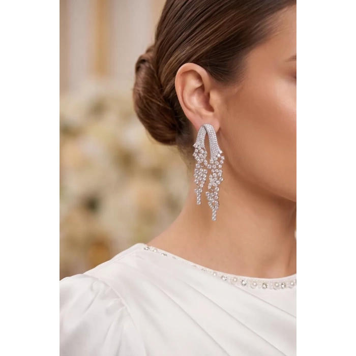 Gümüş Renk Zirkon Taşlı Çelenk Model Kadın Abiye Küpe TJ-BKP11899