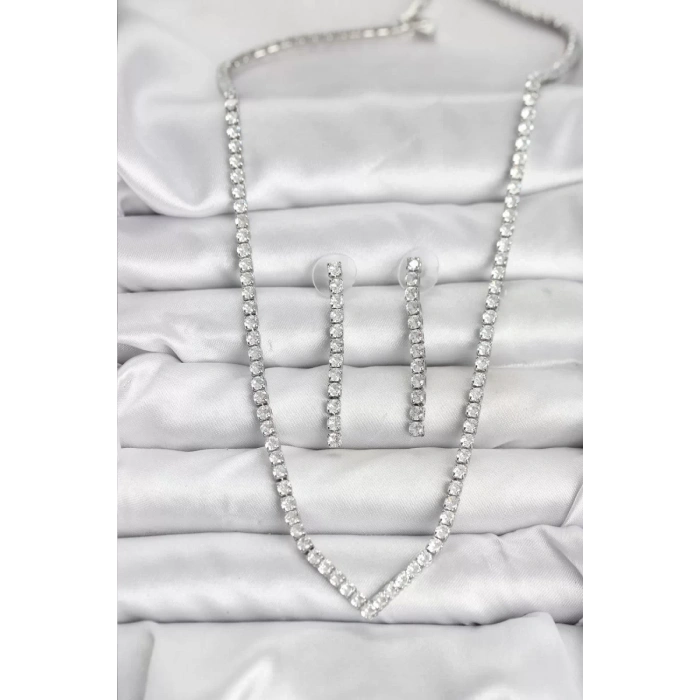 Gümüş Renk Zirkon Taşlı Kadın Kolye Küpe Seti - TJ-BKO10638