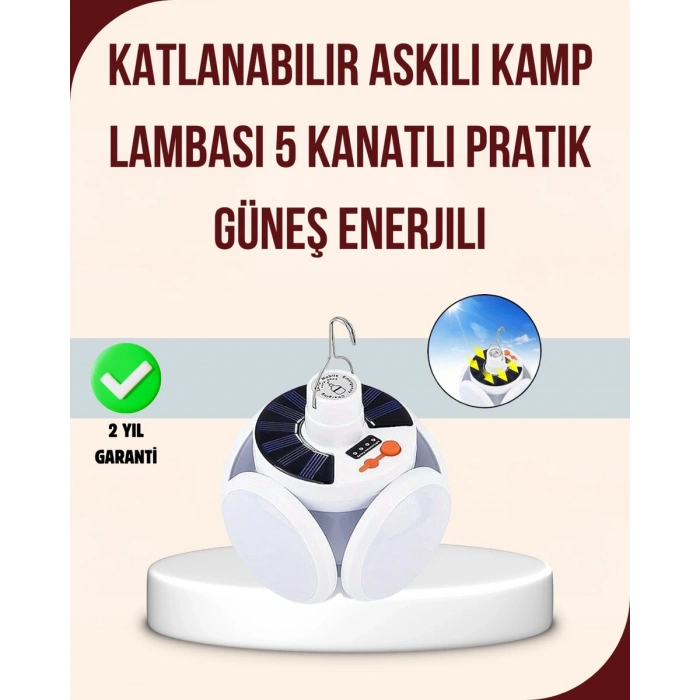 Güneş Enerjili USB Şarj Edilebilir 5 Modlu Katlanabilir LED Kamp Işığı
