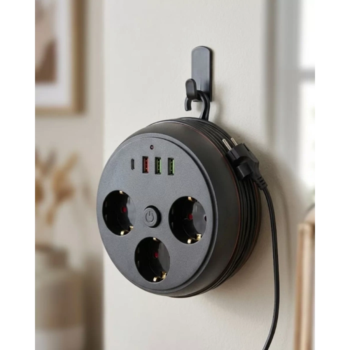 Güvenli Çoklu Priz 3 Priz 3 USB 1 Type C Termal Koruma Uzun Kablo