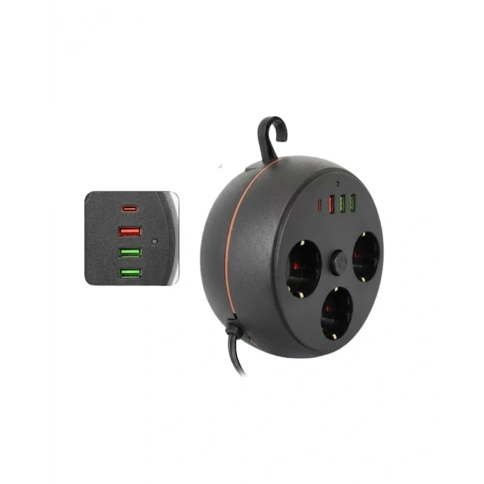 Güvenli Çoklu Priz 3 Priz 3 USB 1 Type C Termal Koruma Uzun Kablo